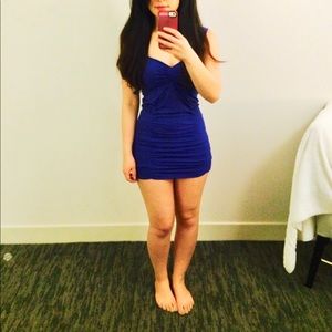 Bebe Ruched Body Con Dress in Deep Blue